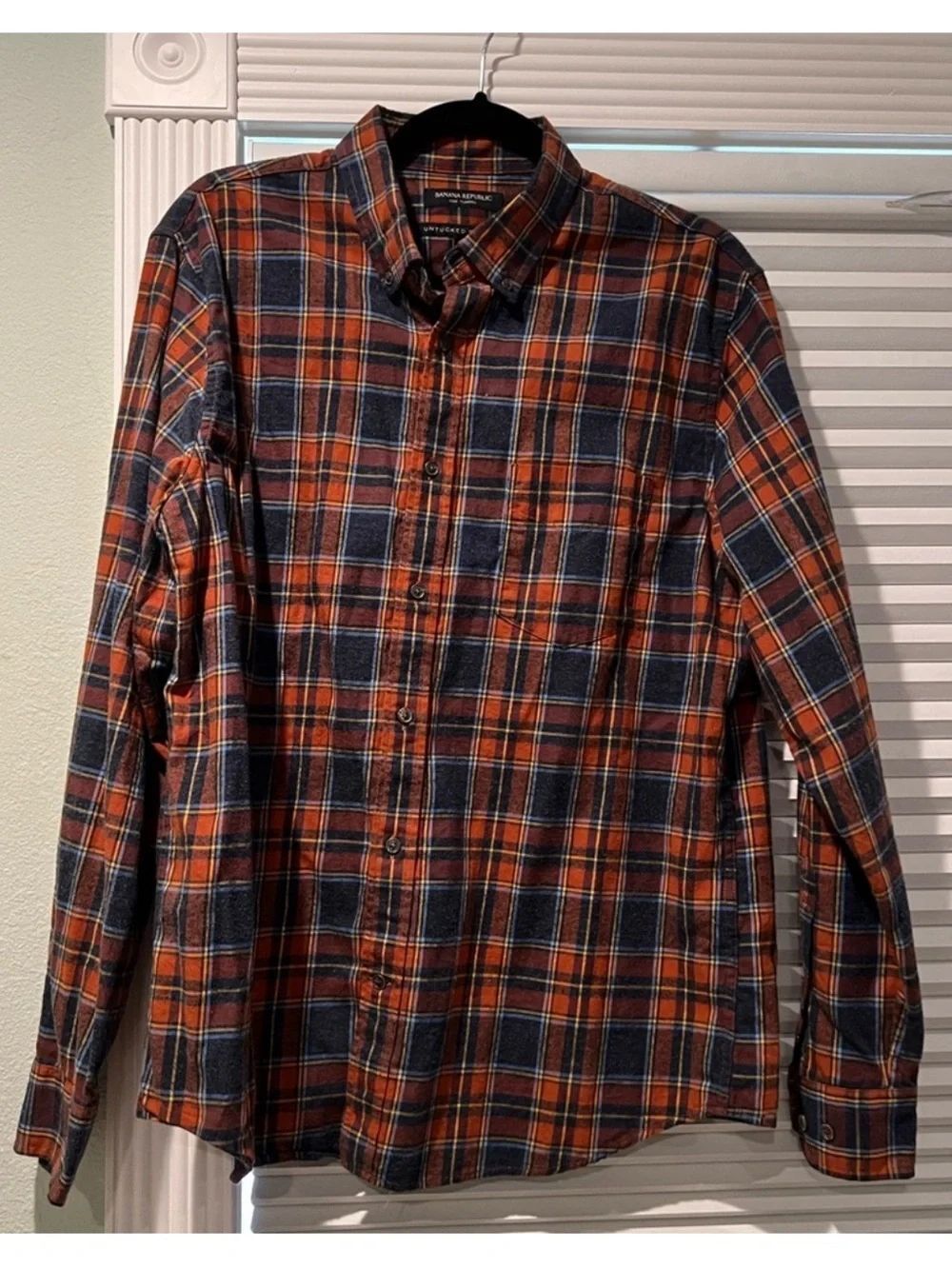 BR M Ultra Soft Navy Orange Untucked Slim Fit Plaid Flannel Shirt